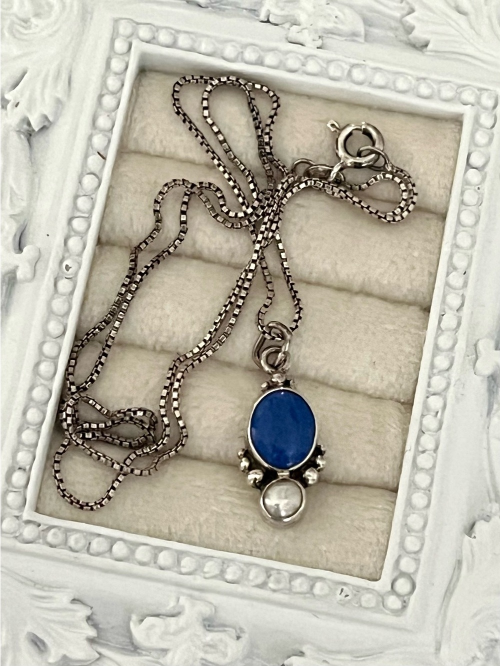 Vintage Southwestern 925 Sterling Silver Lapis Lazuli & Pearl Pendant
Necklace